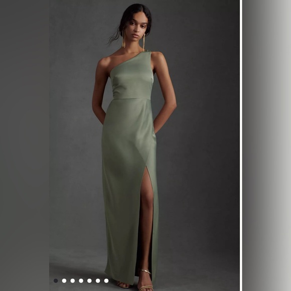 Anthropologie BHLDN Dylan One-Shoulder Satin Side-Slit Gown - Picture 2 of 16